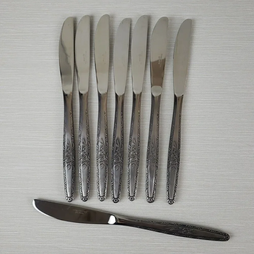 Vintage Single Rose Stainless Steel Butter Knives 8 Pcs Silverware Japan MCM
